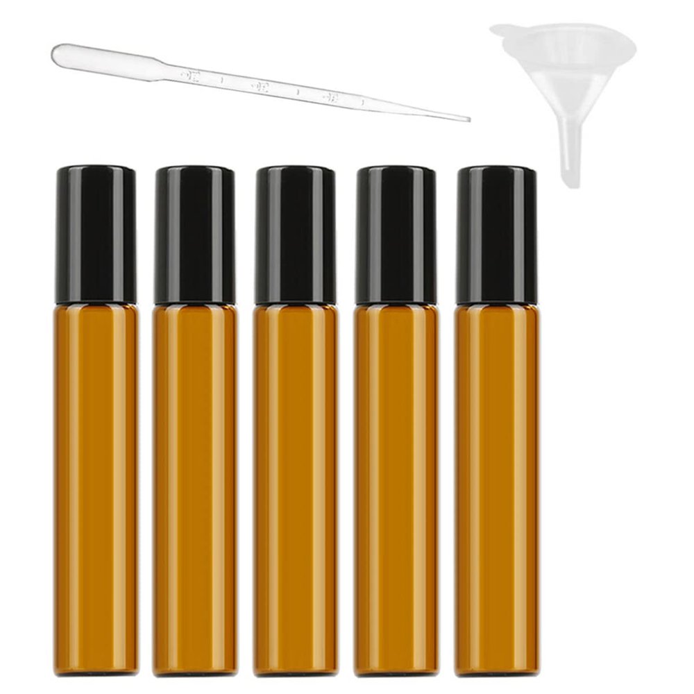 5-Pack 10 mL Refillable Essential Oil Roller Bottles, Amber Glass with Stainless Steel Roller Balls