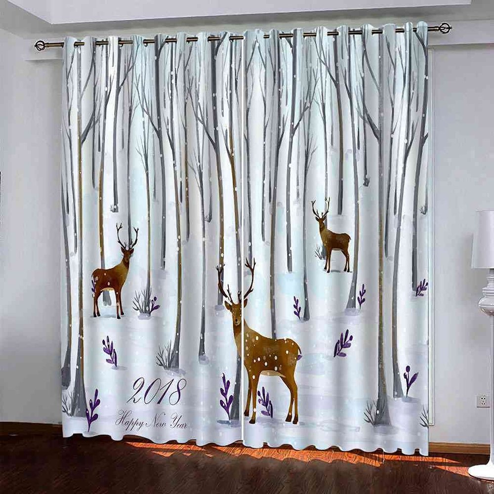 JSHEN Modern Blackout Curtains for Children's Room, 3D Moose Forest Snow Scene, Grommet-Top, Set of 2, 170 x 200 cm