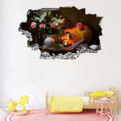 3D Wall-Hole Sticker with Guitar and Decorative Vase, Removable Vinyl, 83 x 55 cm
