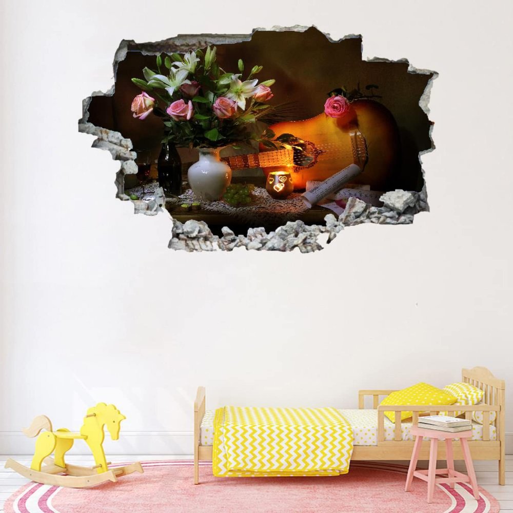 3D Wall-Hole Sticker with Guitar and Decorative Vase, Removable Vinyl, 83 x 55 cm