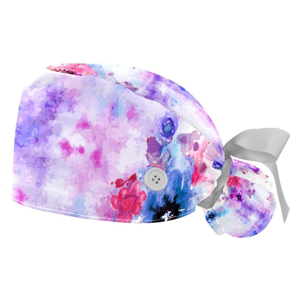 2-Pack Women's Work Caps for Long Hair with Buttons and Ties, Adjustable Cotton Sweatband, Ponytail Pocket, Butterfly/Animal Prints, One Size