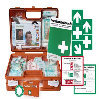 BG First Aid Case Package 1 for Businesses, DIN/EN 13157, with First Aid Log and 7 Emergency Stickers