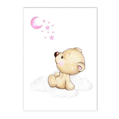 Pink Blue Bear Moon Star Cloud Children's Poster, Nursery Animal Wall Art Canvas Print, Nordic Kids' Room Decor, Color 6, 50 x 70 cm, No Frame