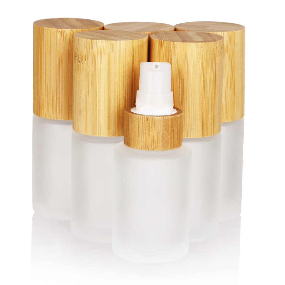 COSIDEA 6-Pack 30 mL Frosted Glass Bottles with Bamboo Caps and Lotion Pumps