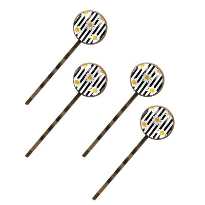 Women's Hair Clips, White Daisy on Black-and-White Stripes, 4-Pack