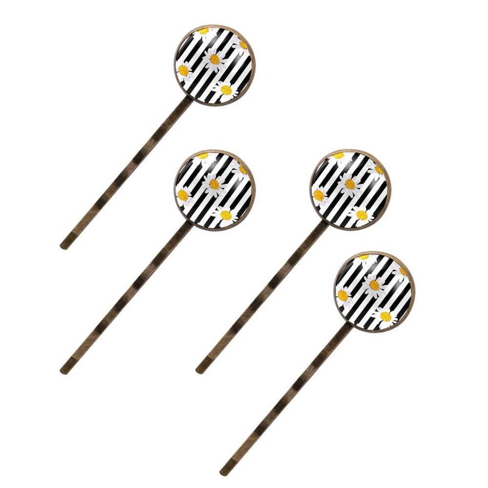 Women's Hair Clips, White Daisy on Black-and-White Stripes, 4-Pack