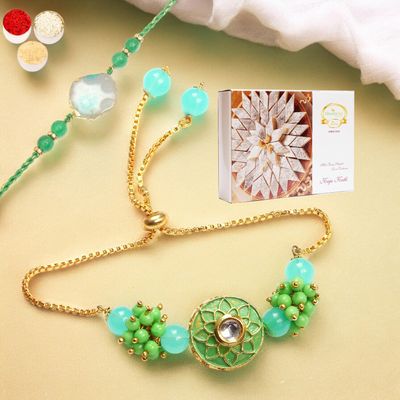 Ghasitaram Gifts T-12 Green Stone Bhaiya Bhabhi Rakhi with 400 g Kaju Katli