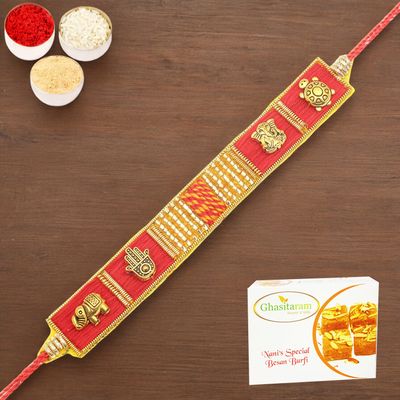 Ghasitaram Gifts Rakhi for Brother – RM600 – Red Traditional Rakhi Bracelet with 400 g Besan Barfi