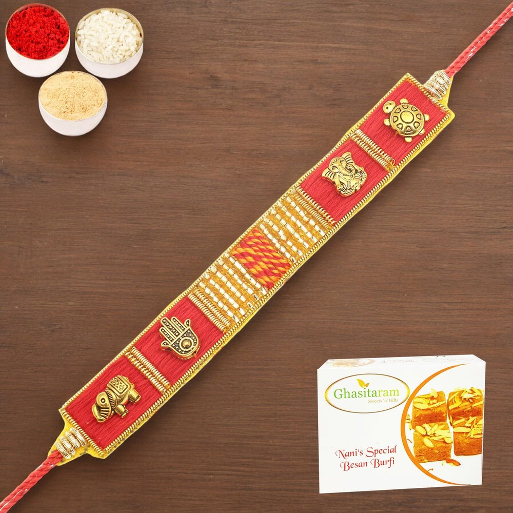 Ghasitaram Gifts Rakhi for Brother – RM600 – Red Traditional Rakhi Bracelet with 400 g Besan Barfi
