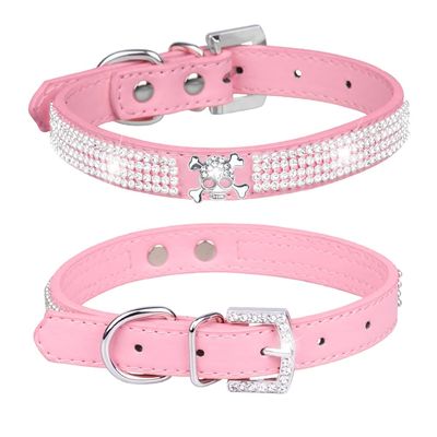haoyueer Rhinestone PU Leather Collar for Dogs and Cats, Size S, Pink