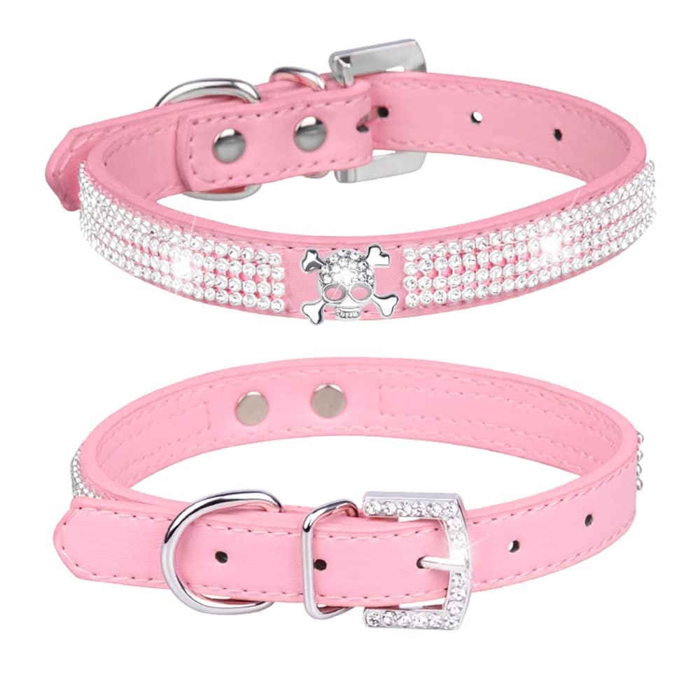 haoyueer Rhinestone PU Leather Collar for Dogs and Cats, Size S, Pink