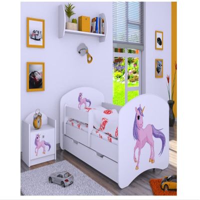 BDW Kids' Bed with Mattress and Bed Drawer, Various Designs, Unicorn White, 140 x 70 cm