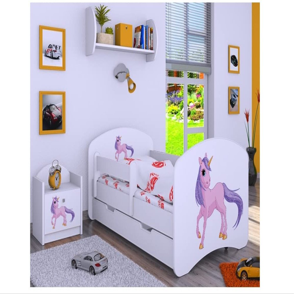 BDW Kids' Bed with Mattress and Bed Drawer, Various Designs, Unicorn White, 140 x 70 cm