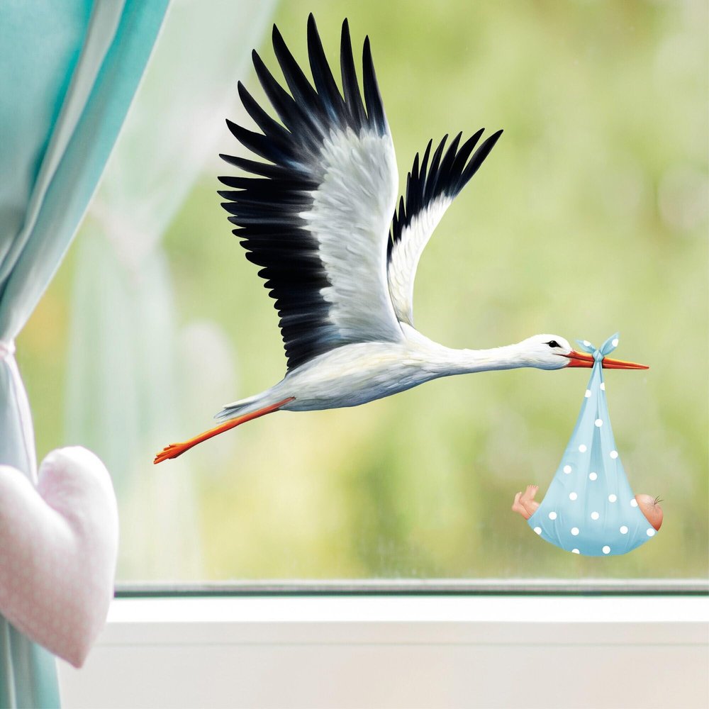 Spring Stork Baby Boy Birth Window Decal for Nursery, Easter and Spring Decor, 4th A1 Sheet