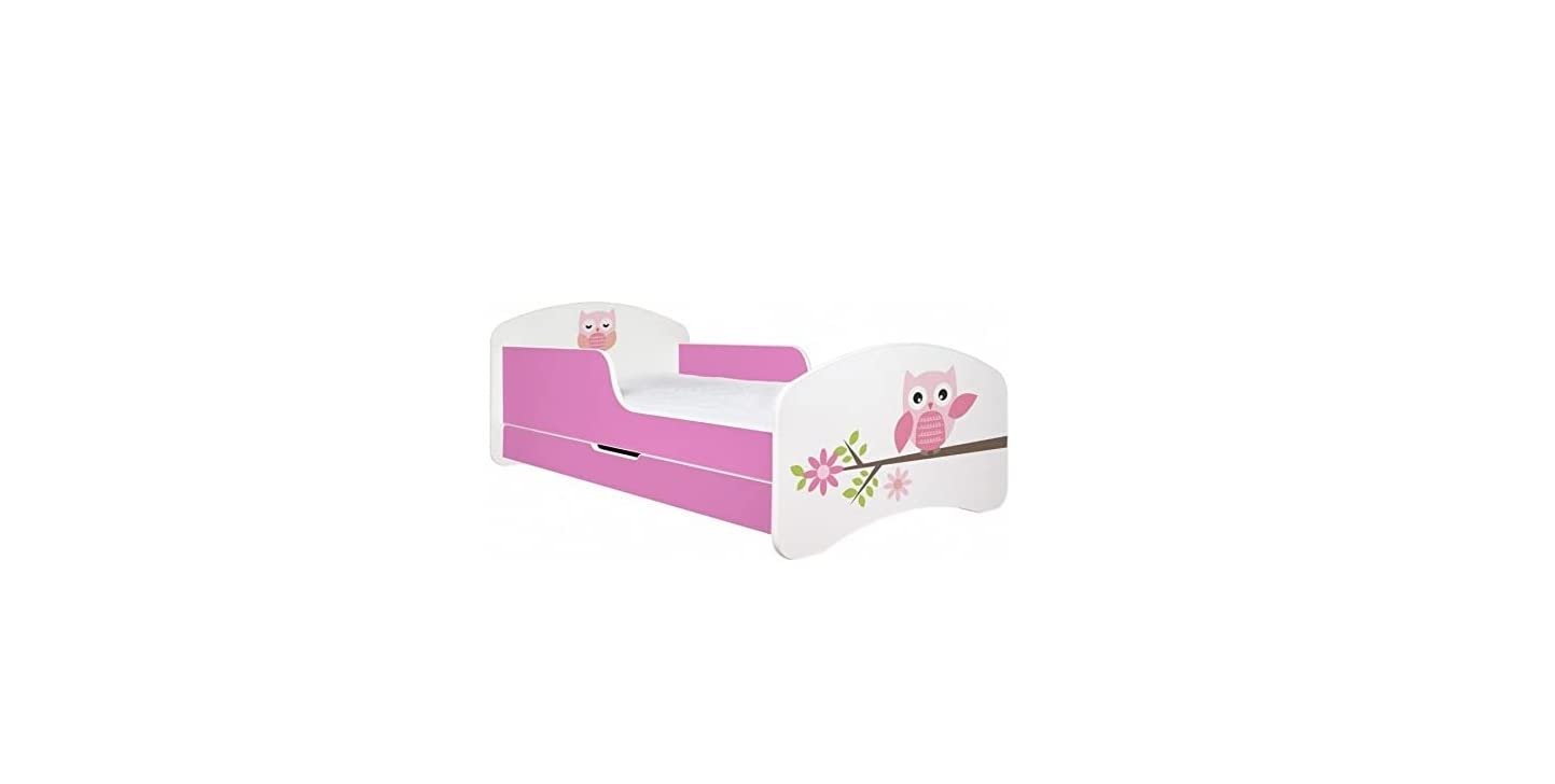 BDW Toddler Bed with Mattress and Storage Drawer, New – Owl, Pink, 160 x 80 cm