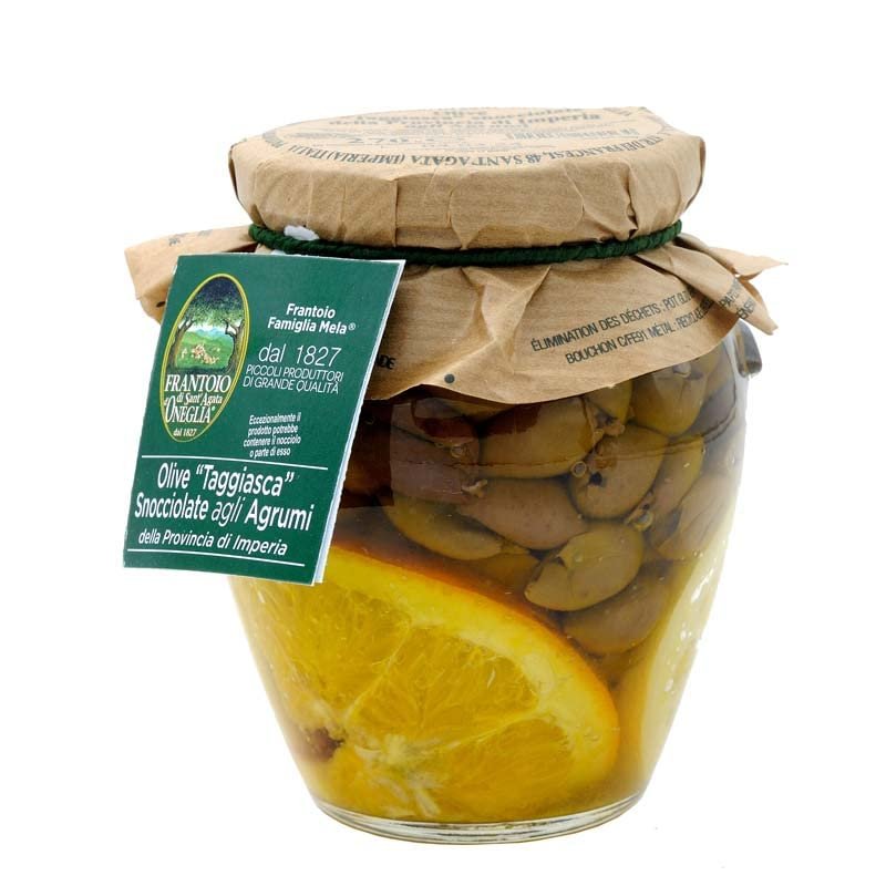 Pitted Taggiasca Olives with Citrus Fruits, 270 g
