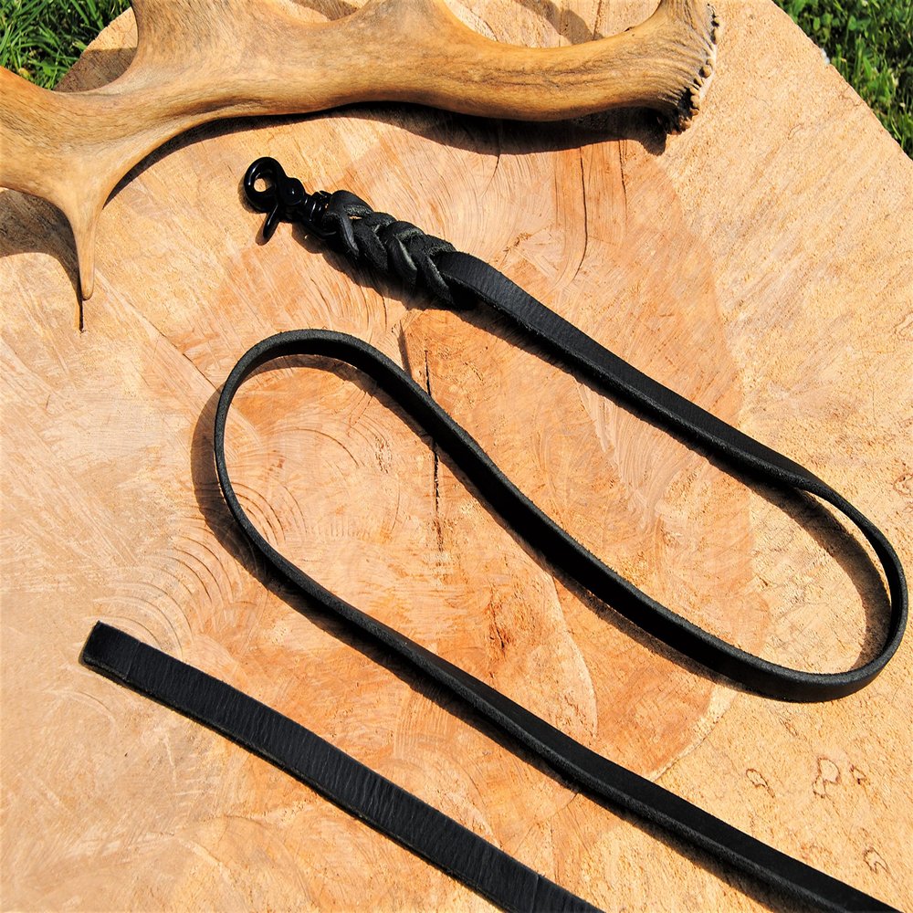 BULLYZEI Braided Leather Leash Black 13mm x 5m with Loop and Snap Hook