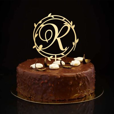 Letter R Cake Topper, Wooden Initial, Flower Wreath