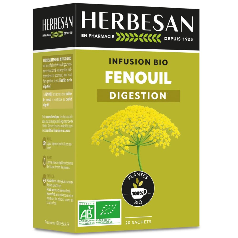 Herbesan Organic Fennel Tea for Easy Digestion, 20 Bags