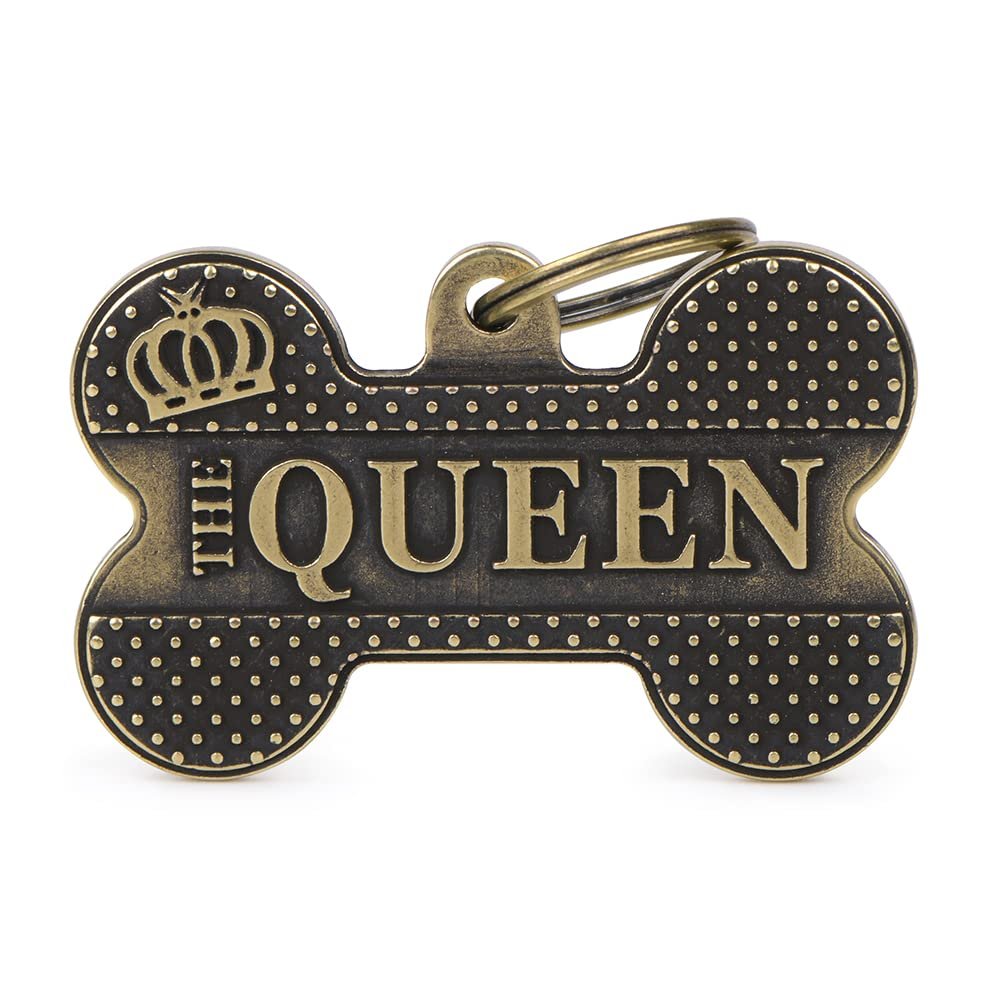 MyFamily Bone XL "The Queen" Dog Tag, Made in Italy, Free Engraving, English Brass, Bronx Collection