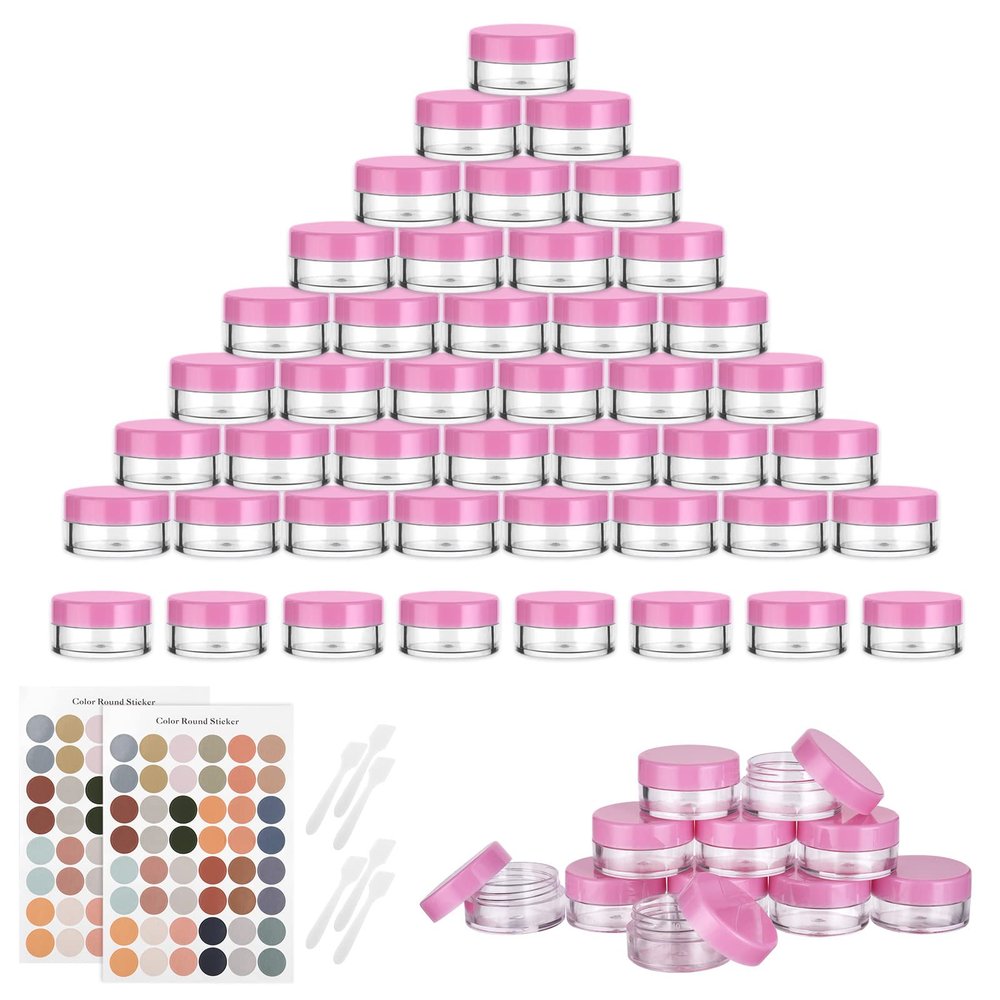 Flintronic 64-Pack 5 mL Clear Plastic Cosmetic Jars with Spatulas and Labels