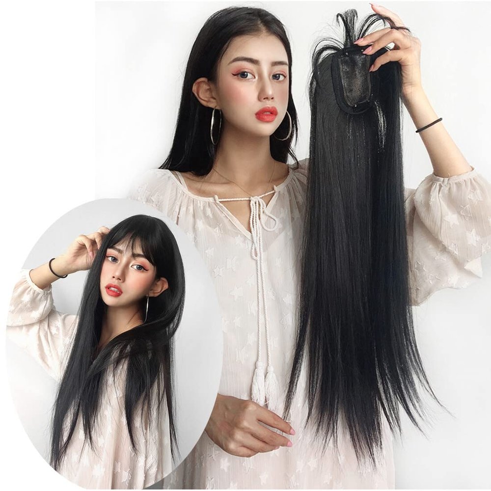 Clip-In Topper for Women, Covers New-Growth Hair with 3D Wispy Bangs, Forehead Replacement Wiglet, 35 cm, Light Brown