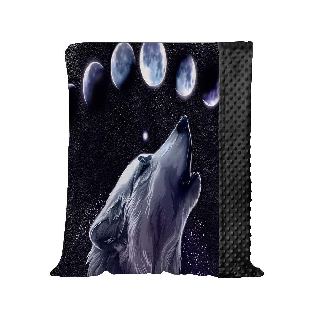 Hixingo Kids' Cozy Blanket with 3D Animal Print, Soft Warm Minky Dot Blanket, Double-Sided, for Girls and Boys (100 x 150 cm, Moon Wolf)