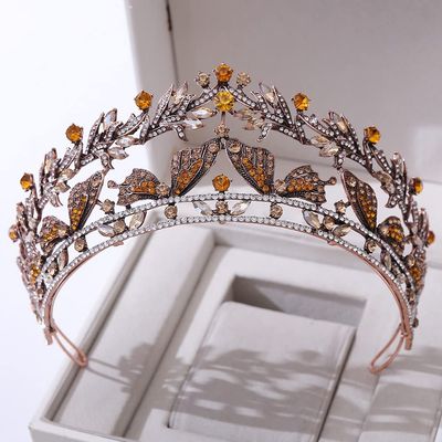 FAMoUsGoods Handmade Vintage Bronze Crystal Butterfly Tiara Crown Rhinestone Wedding Headband (Metal Color: Antique Red Yellow)