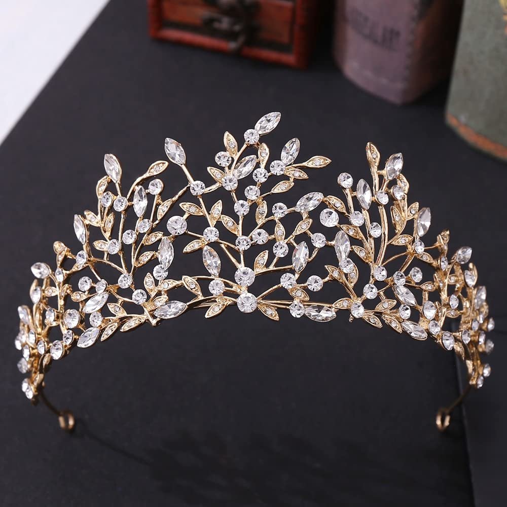 FAMoUsGoods Handmade Crystal Leaf Bridal Tiara, Gold White