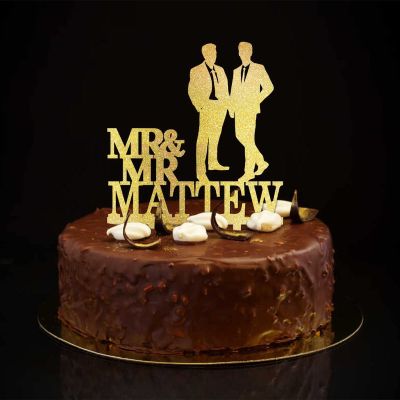 Gay Couple Wedding Cake Topper, Glitter Gold, Groom and Groom