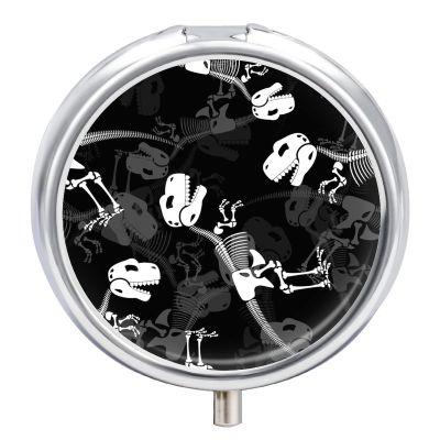 Dinosaur Skeleton Pill Case, Metal Medication Box, Portable Tablet Organizer for Daily Travel, 5 x 5 cm