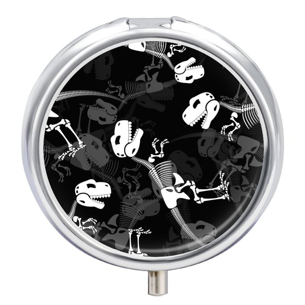 Dinosaur Skeleton Pill Case, Metal Medication Box, Portable Tablet Organizer for Daily Travel, 5 x 5 cm