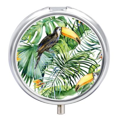 Bird and Leaves Pill Box, Metal Medication Box, Portable Tablet Organizer for Daily Travel, 5 x 5 cm