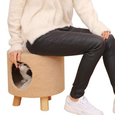 ZIMGOD Cat Cave Bed Ottoman with Wooden Legs, Khaki