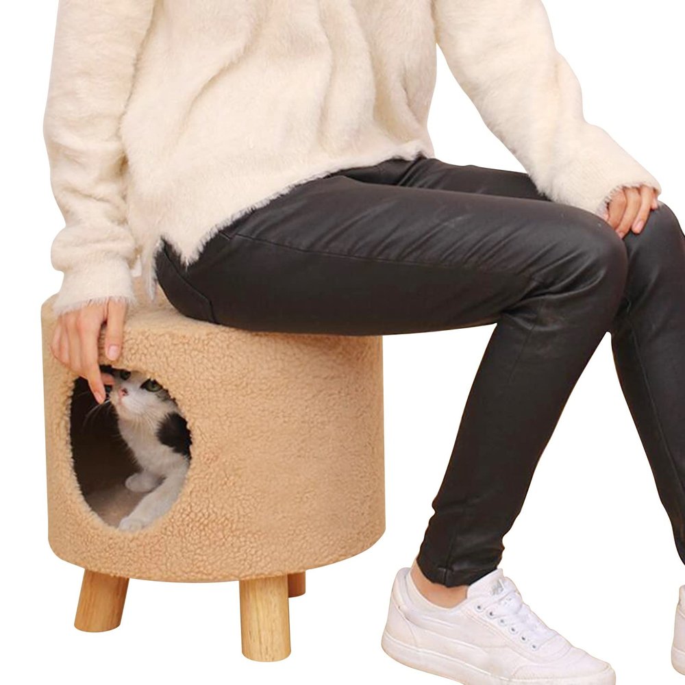 ZIMGOD Cat Cave Bed Ottoman with Wooden Legs, Khaki