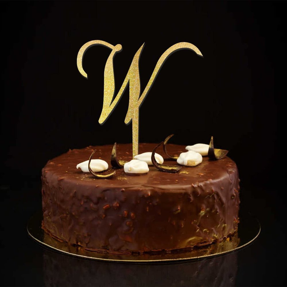 Monogram W Cake Topper, Gold Glitter Initial Letter, Rustic Floral Wreath