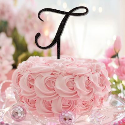 Cake Topper with Letter T, Monogram, Initial, Surname and Botanical Wreath