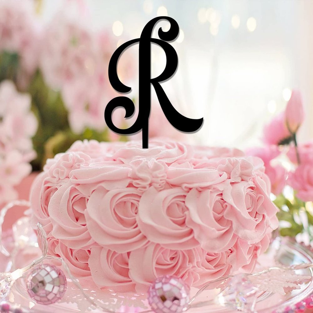 Monogram R Cake Topper, Black Acrylic, Customizable Initial