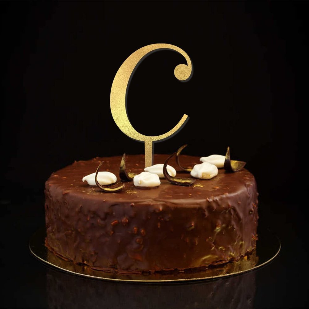 Personalized Gold Glitter Letter C Cake Topper with Retro Laurel Wreath