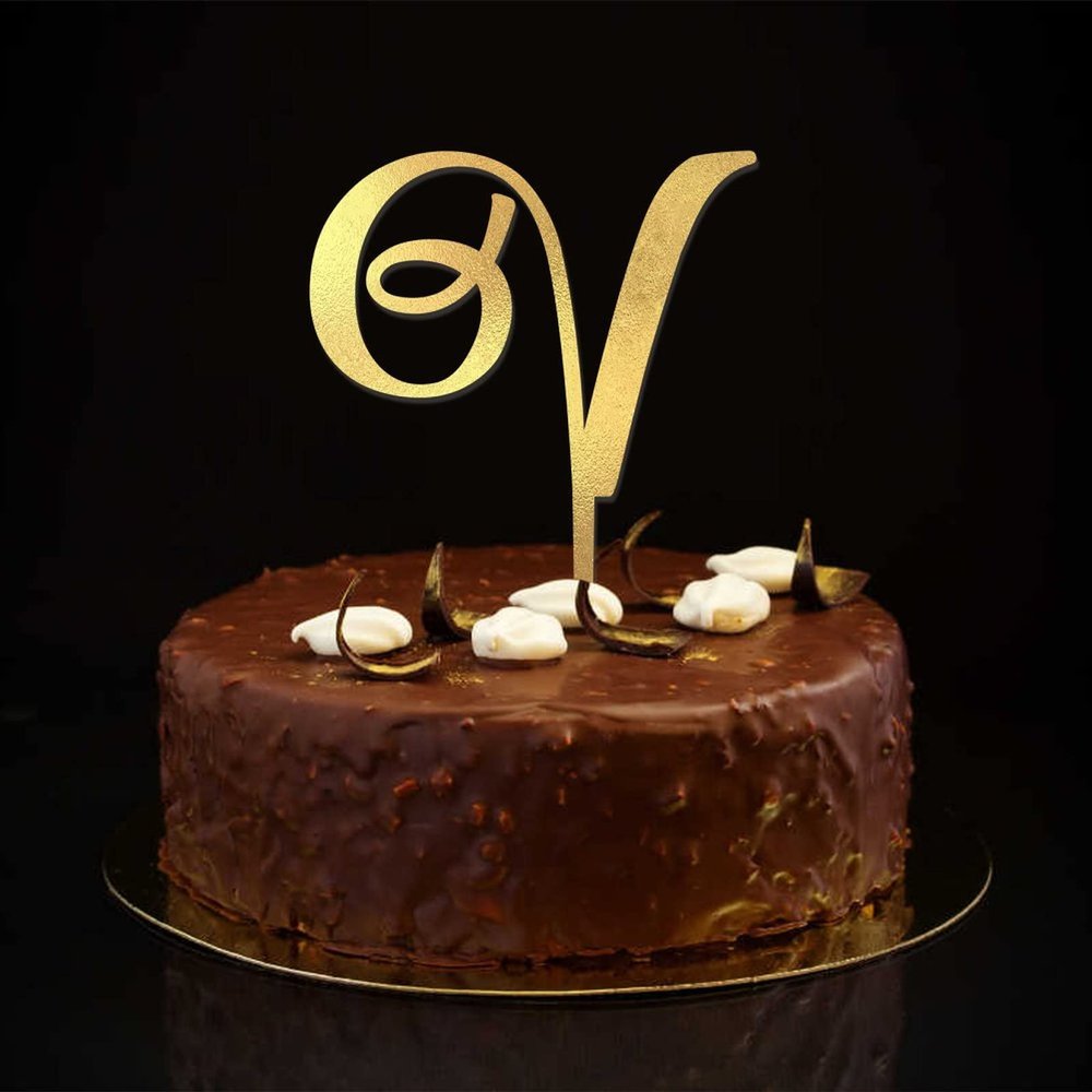 Letter V Monogram Cake Topper, Gold Glitter