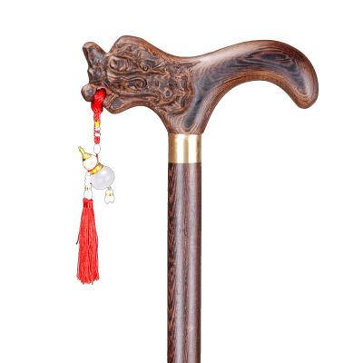 AMOCHO Wooden Walking Stick with Dragon-Shaped Handle, Non-Slip Rubber Base, 90 cm/35 in