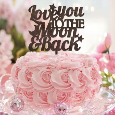 Cake Topper with “Love You To The Moon” Inscription, Brown Wood, Personalized, Romantic Bride and Groom for Engagement, Bridal Shower, Wedding Favor, and Wedding Gift for Couples