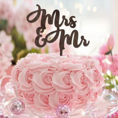 “Mrs & Mrs” Cake Topper, Brown Wood, Rustic Bride and Groom Cake Decoration