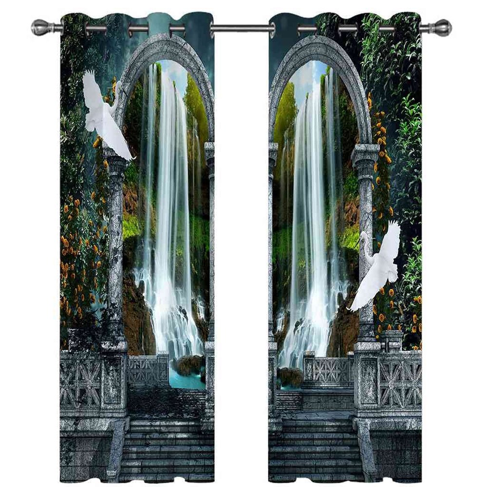 LGCK 3D Printed Blackout Curtains, 300 x 280 cm, Garden Waterfall Landscape, Set of 2