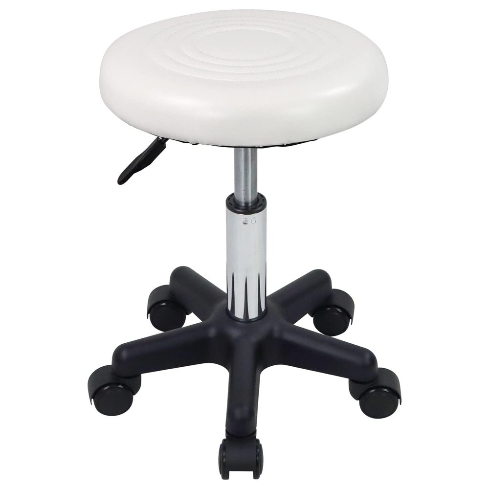 FURWOO Round Swivel Stool with Wheels, PU Leather, Height-Adjustable, White