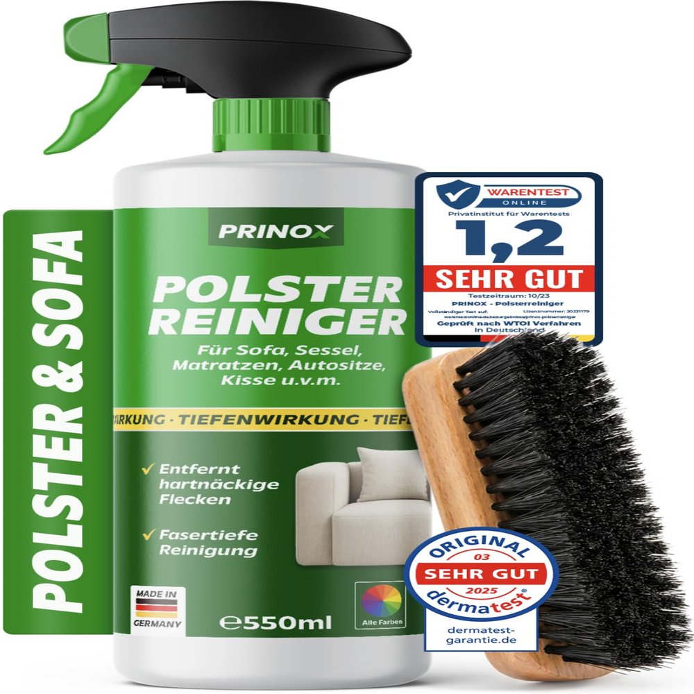 PRINOX Professional Upholstery Cleaner 550 ml for Sofas, Cars, Armchairs & Couches, incl. Brush – Concentrated Textile & Car Seat Cleaner, Made in Germany