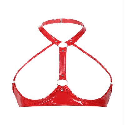 Kaerm Women's Patent Leather Open-Cup Halter Bra, Red, XL