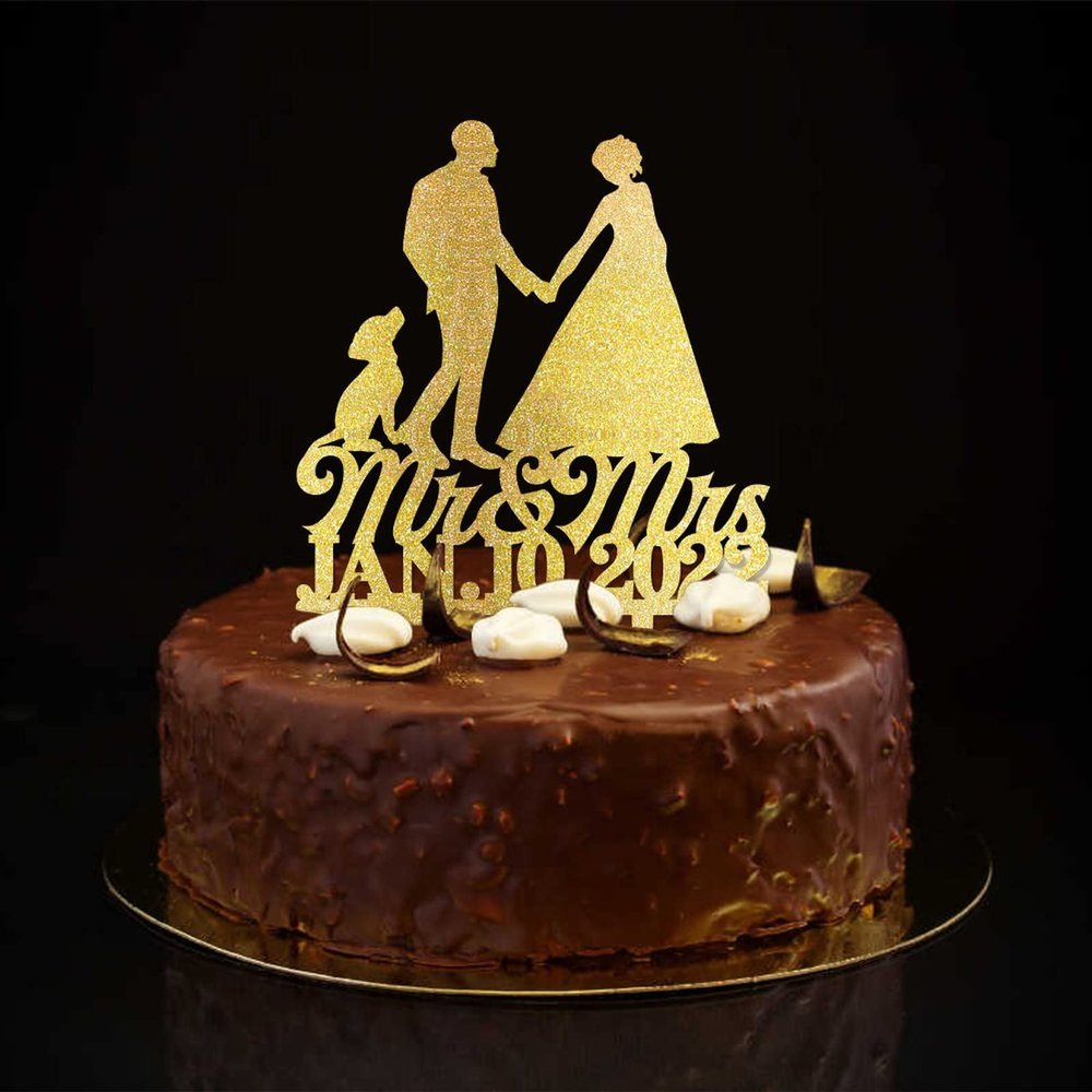 “Mr & Mrs” Cake Topper, Glitter Gold, Personalized with Name and Date, Dog, Cat, Beach, Bride and Groom Silhouette