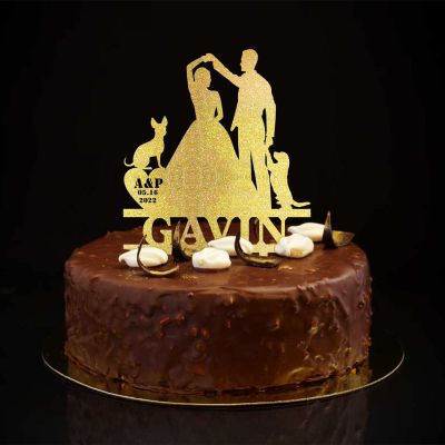 Personalized Glitter Gold “Mr & Mrs” Cake Topper with Dog and Cat