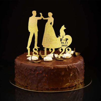 Mr and Mrs Cake Topper, Rustic Wedding and Engagement Ring Design with Personalized Name, Date, and Pet Silhouette
